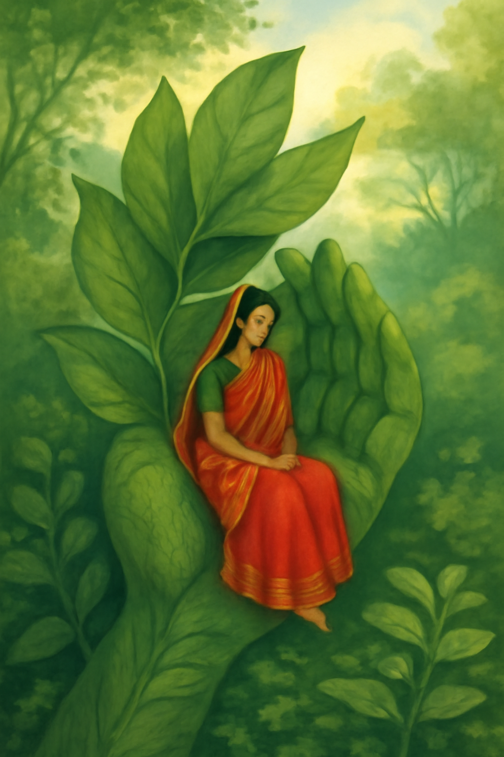 An Indian woman in a red and orange sari sits serenely in the giant, cupped palm of a large green hand, which is made of leaves. The hand rests among lush green foliage, suggesting a scene of harmony between humanity and nature.