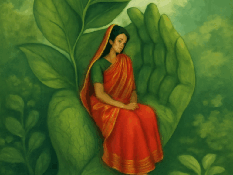 Une femme vêtue de rouge et de jaune est assise dans la paume d'une grande main végétale, au milieu de feuilles vertes et d'un environnement naturel luxuriant. L'image évoque l'harmonie et la protection de l'humanité par la nature